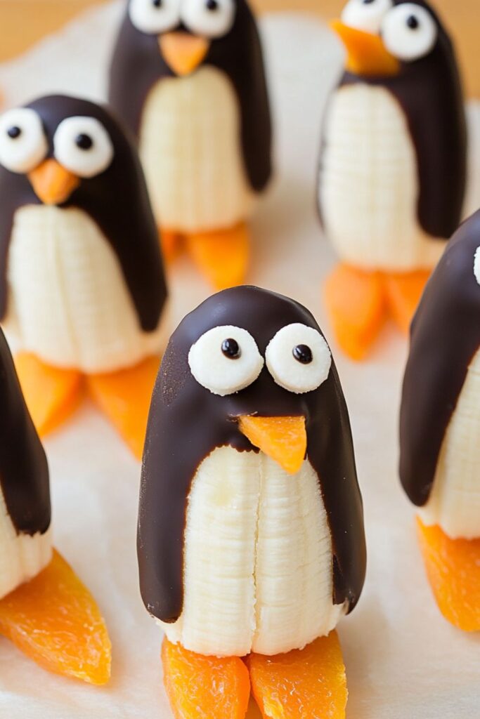 Banana pieces decorated as penguins with chocolate and candy for eyes and beaks, ideal for a fun winter treat for kids.