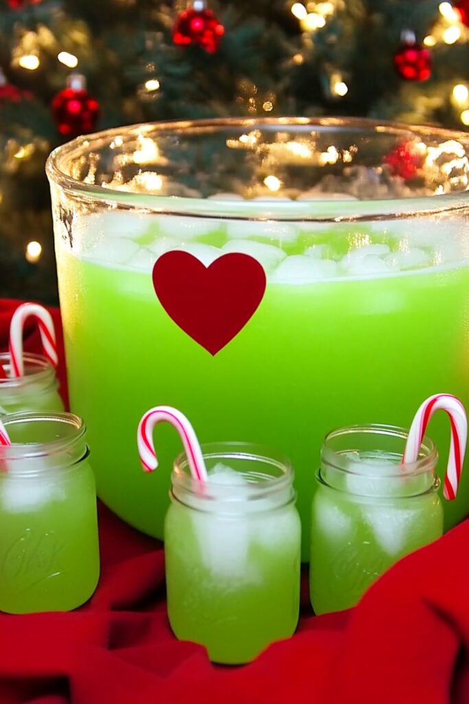 A bright green Grinch-themed punch in a clear glass with a red rim, perfect for a kids' Christmas party drink.