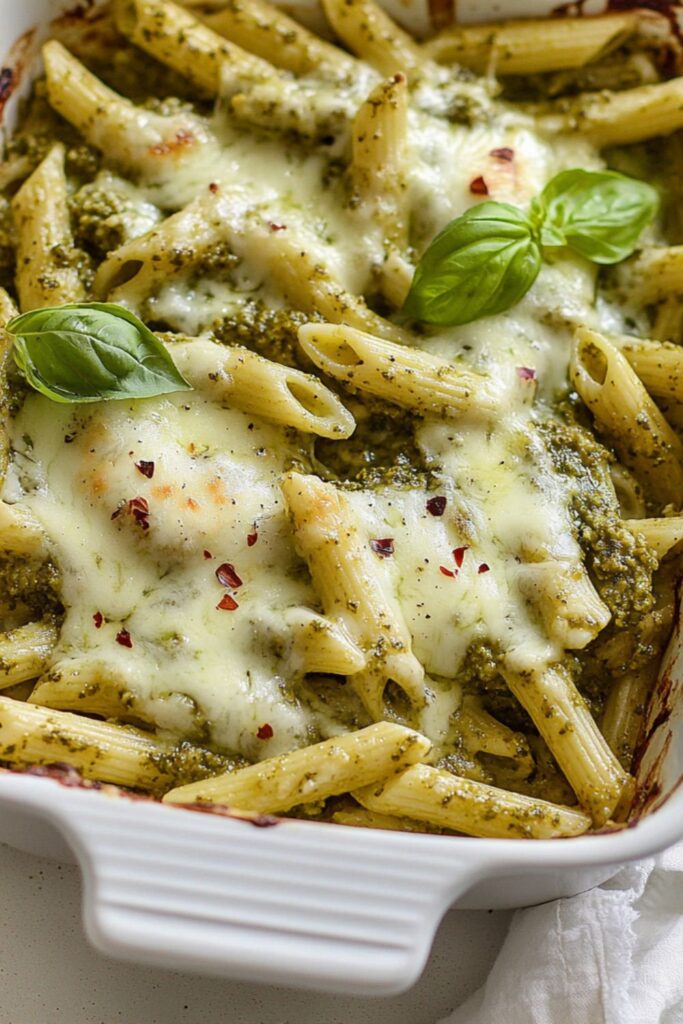 A cheesy baked pesto pasta garnished with fresh basil and Parmesan in a casserole dish, perfect for a flavorful New Year’s Eve dinner party.