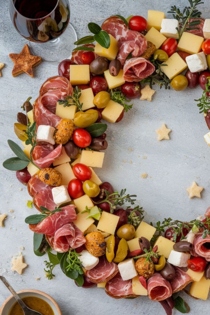 A festive holiday charcuterie board in the shape of a wreath, featuring cheddar cubes, mozzarella balls, cherry tomatoes, olives, and herb-crusted star crackers, garnished with fresh greenery.