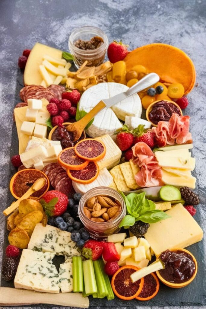 Keto-friendly Christmas charcuterie board with a variety of cheeses, cured meats, fresh and dried fruits, nuts, and low-carb crackers, arranged for a festive holiday display.