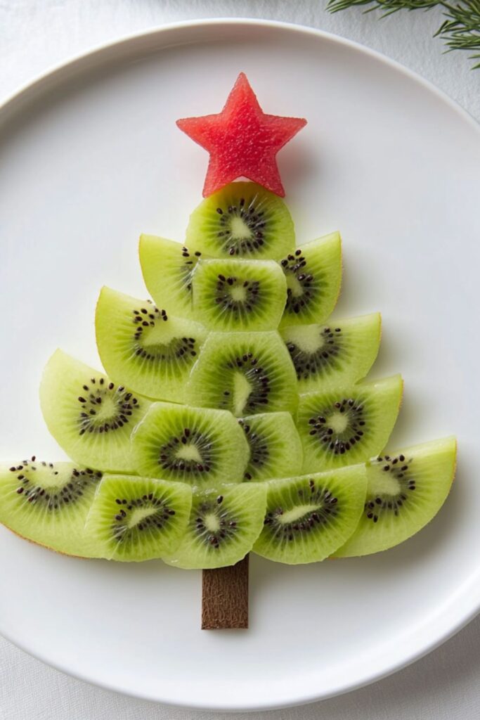 Christmas tree made of kiwi slices with a red star topper, on a white plate, perfect for a healthy holiday snack for kids.