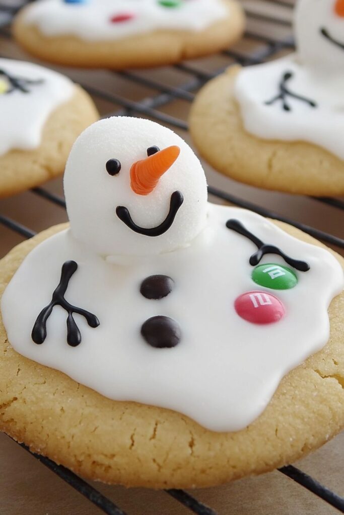 Cookies decorated to look like melted snowmen with marshmallow heads and icing, ideal for easy Christmas snacks for kids.