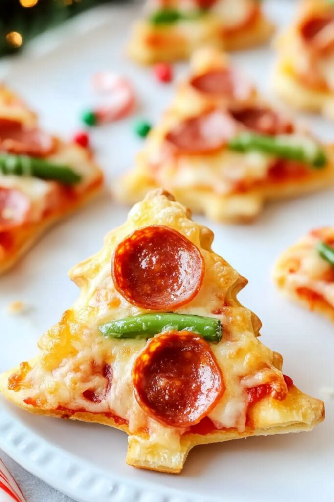 Mini pizzas shaped like Christmas trees with festive toppings, perfect for kids' Christmas party food ideas.