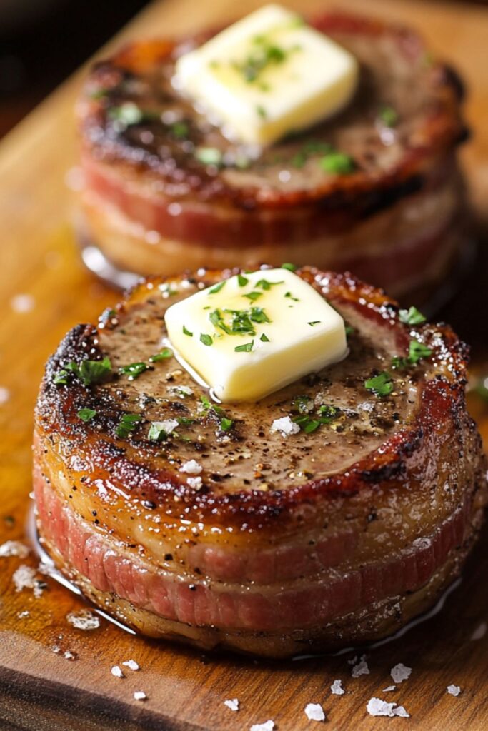 A juicy bacon-wrapped filet mignon topped with melted butter and parsley, served on a wooden board for a fancy New Year’s Eve dinner.