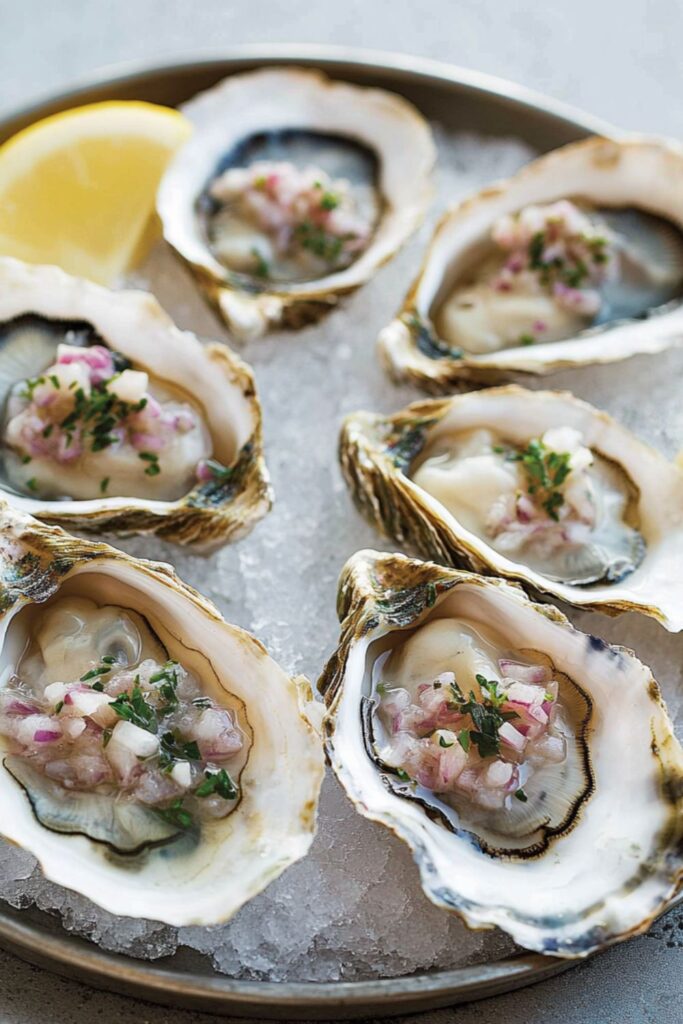 Fresh oysters on the half shell garnished with mignonette sauce and herbs, served on crushed ice for a traditional New Year’s Eve dinner at home.