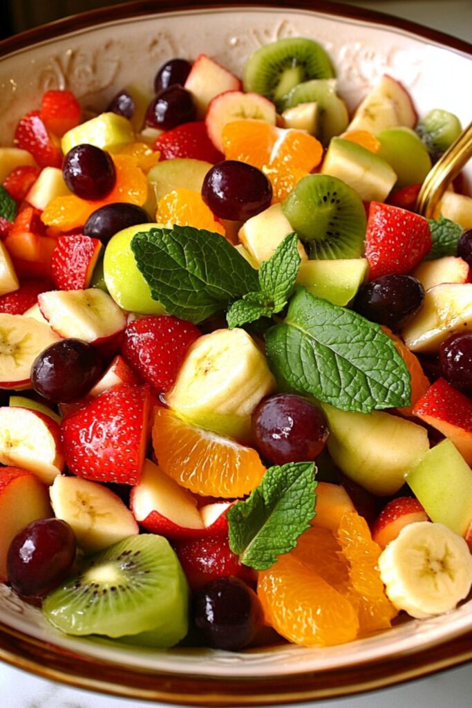 A vibrant Italian fruit salad with a mix of strawberries, kiwi, and orange slices, garnished with mint leaves, perfect as a light New Year’s Eve dessert.