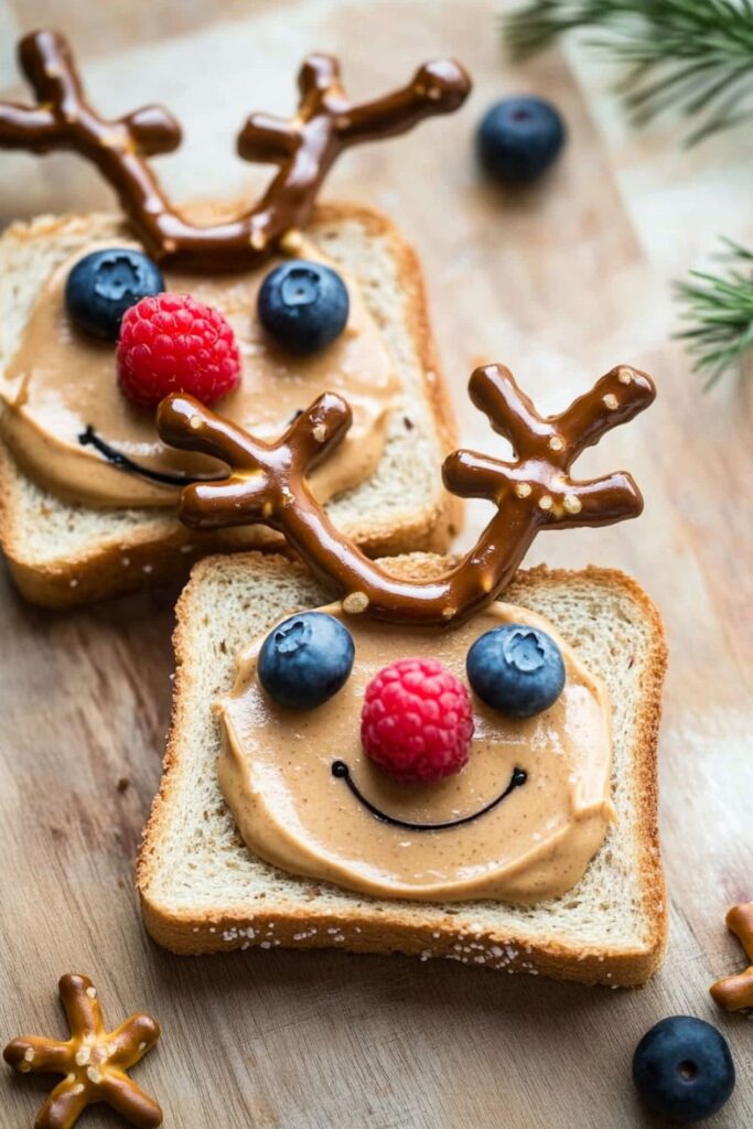 Reindeer face made from toast with peanut butter, blueberries, and pretzels, ideal for a fun holiday breakfast or snack for kids.