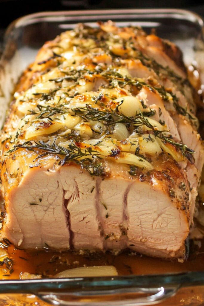 Juicy roast pork loin infused with garlic and rosemary, sliced and served with savory pan juices, perfect for a festive New Year’s Eve feast.