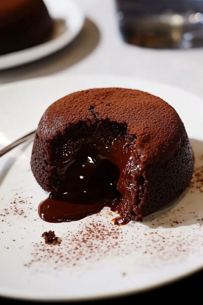 A decadent molten chocolate lava cake with a gooey center, served on a white plate with a gold spoon for a romantic New Year’s dinner.