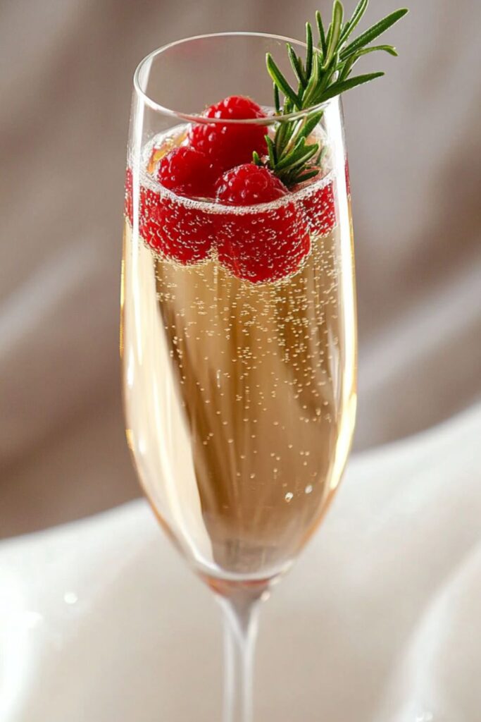 A romantic New Year’s Eve raspberry champagne cocktail garnished with fresh rosemary sprig and raspberries, served in a flute glass for a cozy celebration.