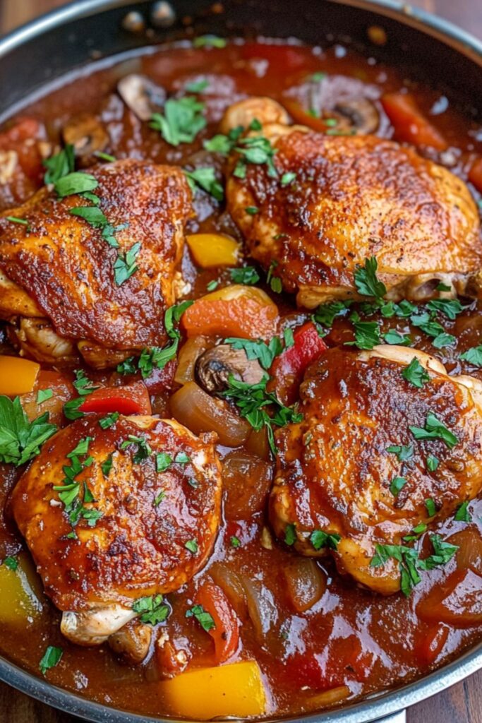 Hearty chicken cacciatore cooked with bell peppers, mushrooms, and tomatoes in a rich sauce, perfect for a New Year’s Eve Italian-themed dinner.