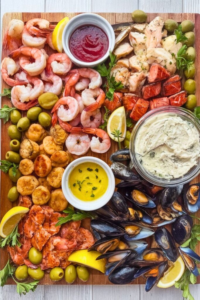 Festive seafood charcuterie board featuring shrimp, mussels, scallops, baked salmon, olives, dips, and lemon wedges arranged beautifully for a Christmas gathering.