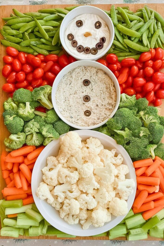 Festive snowman-themed Christmas veggie charcuterie board featuring bowls of dips as the snowman’s head and torso, surrounded by fresh vegetables like carrots, celery, broccoli, cherry tomatoes, and sugar snap peas.