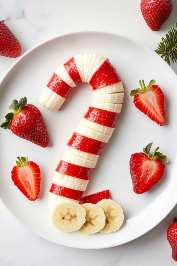 Candy cane made from alternating slices of strawberry and banana, arranged on a white plate, ideal for Christmas kids' party food.