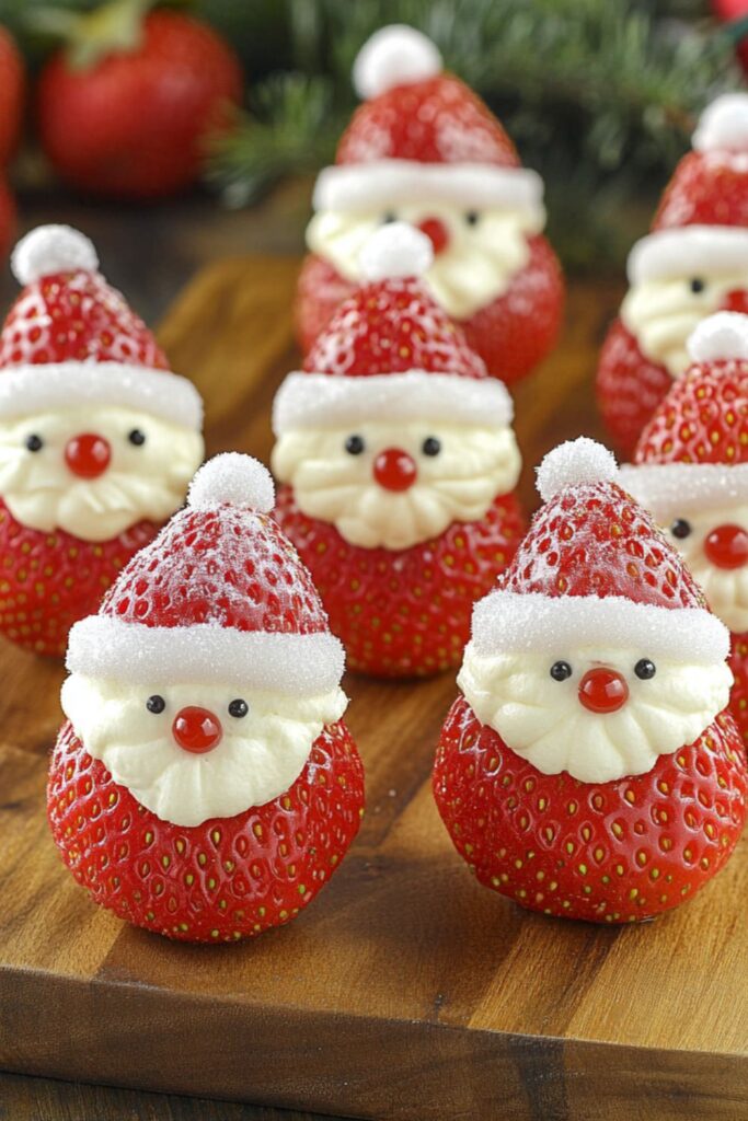 Small Santas made from strawberries and cheesecake filling, with cute faces on a wooden board, ideal for Christmas treats for kids.