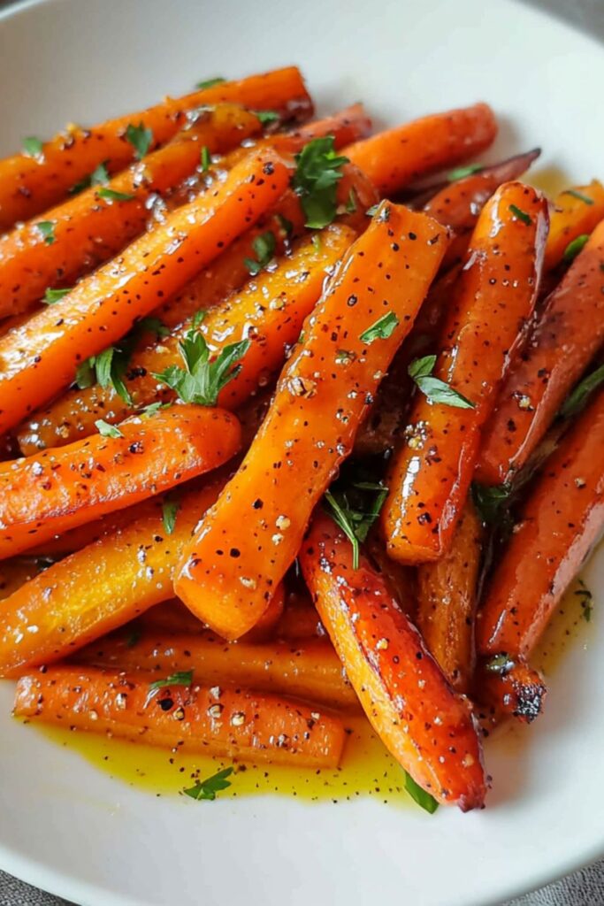 Glazed honey mustard carrots in a white bowl, seasoned with herbs, perfect for a traditional New Year’s Eve dinner side dish.