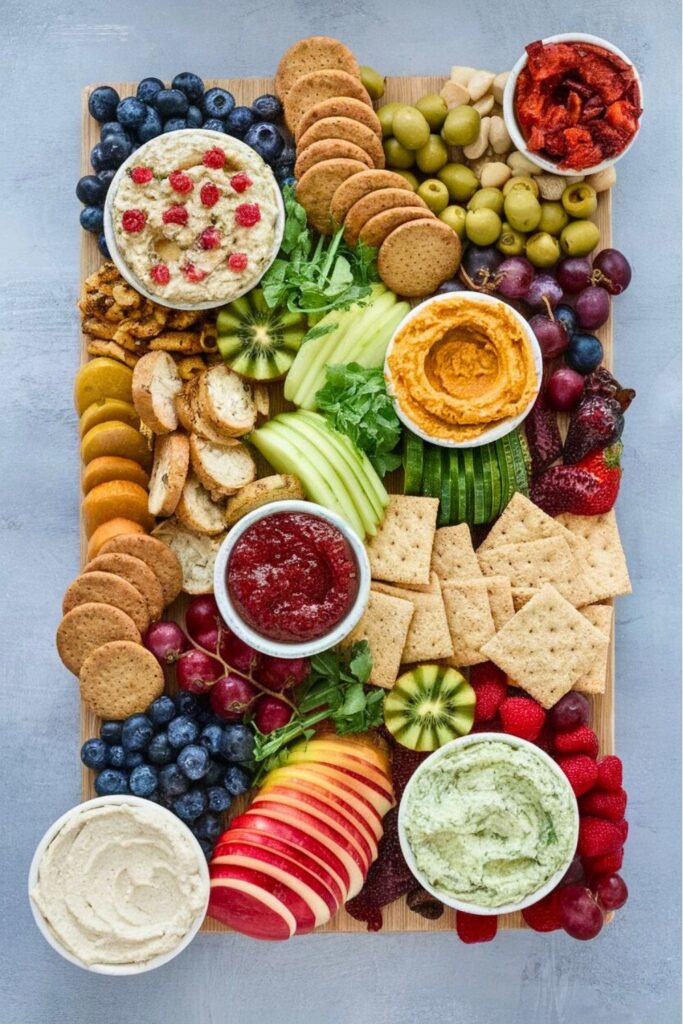 Vibrant vegan holiday charcuterie board with a variety of dips, fresh fruits, olives, nuts, crackers, and greens, creating a colorful and festive centerpiece.