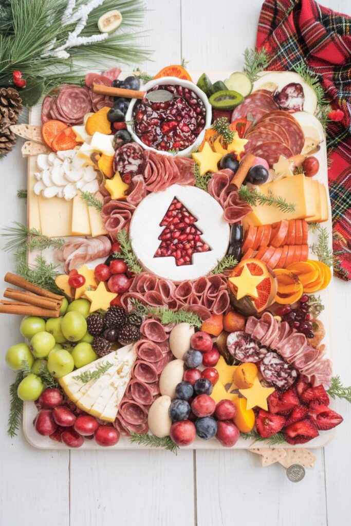 A large, colorful Christmas charcuterie board with salami, various cheeses, olives, grapes, berries, pomegranate seeds, honey dipper, and decorative star-shaped cheese slices, arranged on a white platter with holiday accents.