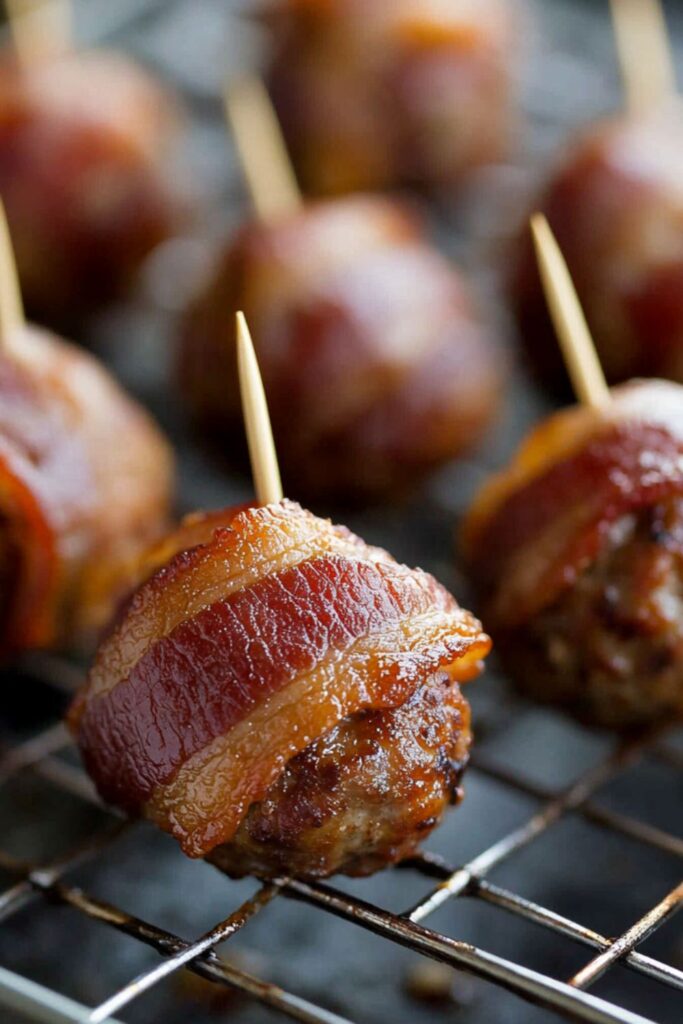 Crispy bacon-wrapped meatballs on a rack, perfect for game day appetizers.