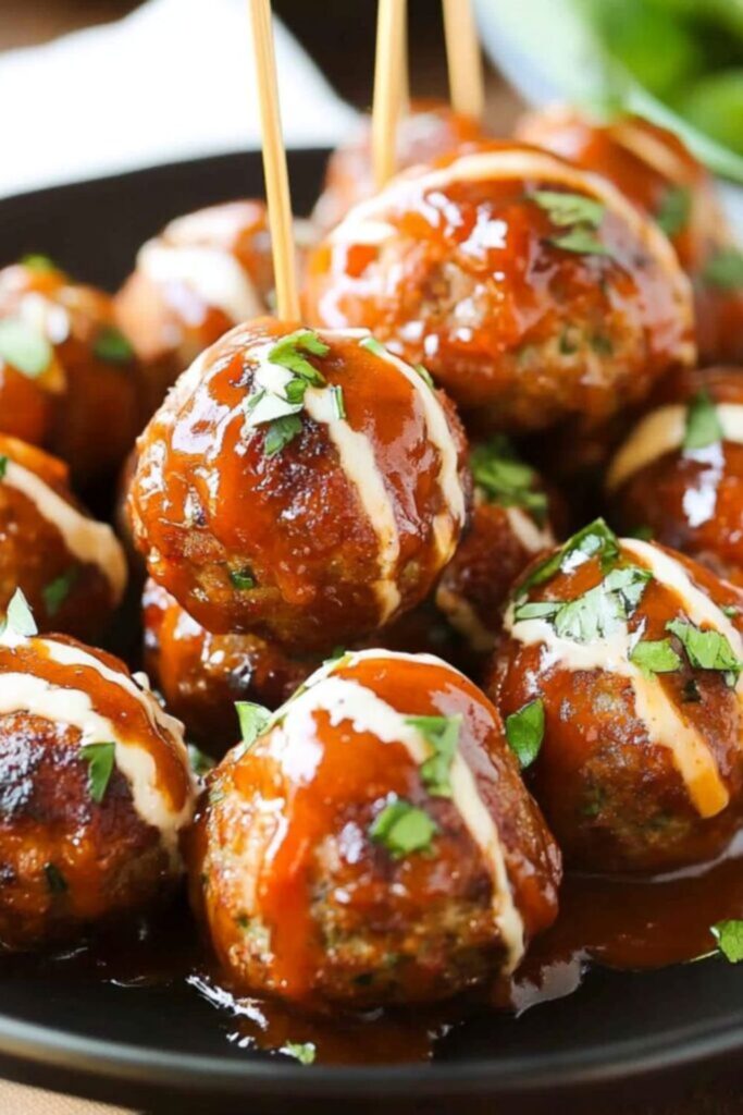 A plate of Buffalo chicken meatballs drizzled with ranch dressing, topped with green onions, and served with celery sticks.