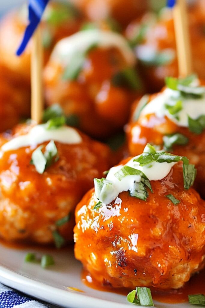 Buffalo chicken meatballs drizzled with ranch and garnished with green onions, a spicy Super Bowl snack.