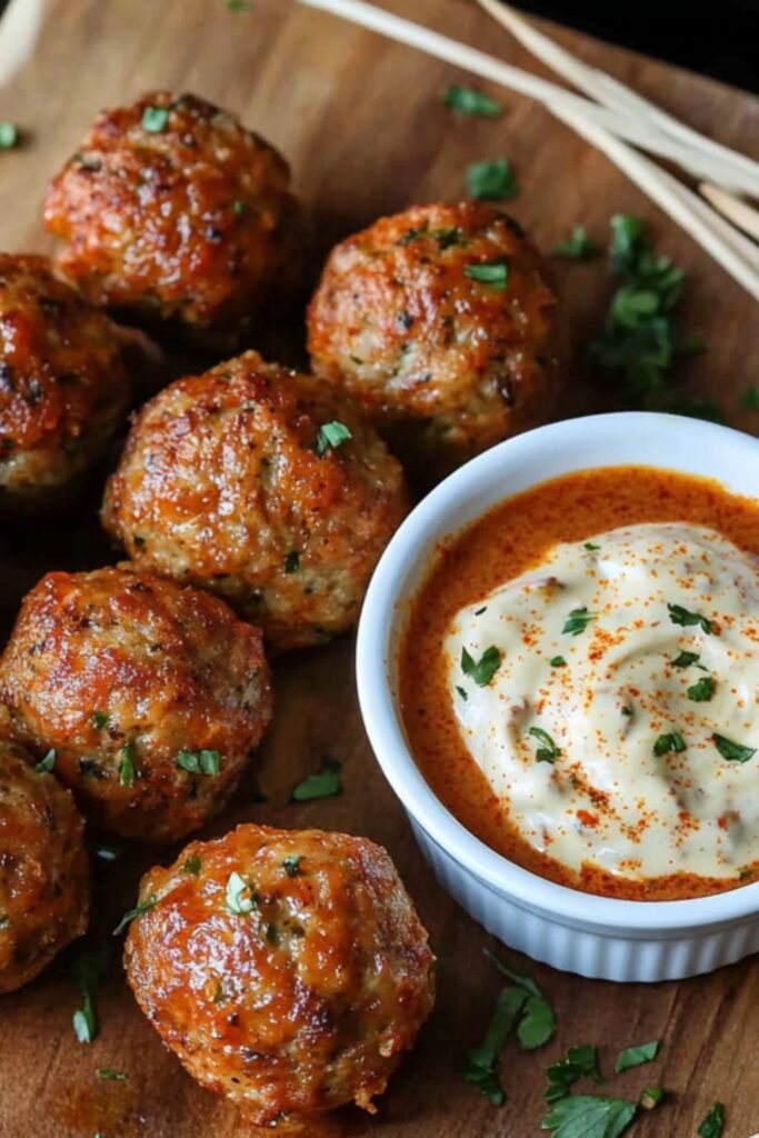 Spicy Cajun turkey meatballs served with creamy dip, a healthier Super Bowl party food option.