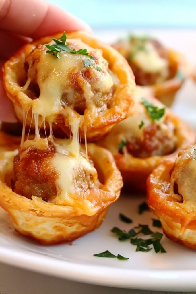 Bite-sized cheesy meatball appetizers served on a tray, a gooey and savory favorite for Super Bowl party appetizers.