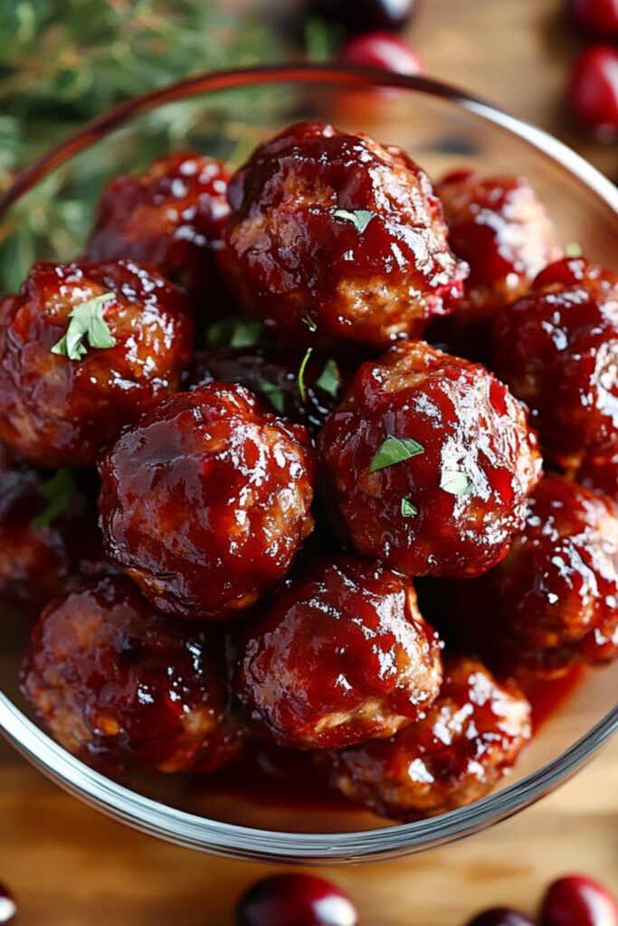 Cranberry BBQ meatballs glistening in sauce, a tangy and sweet Super Bowl appetizer option.