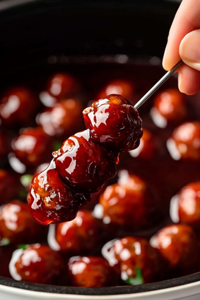 Grape jelly meatballs served in a slow cooker, a sweet and savory Super Bowl party favorite.