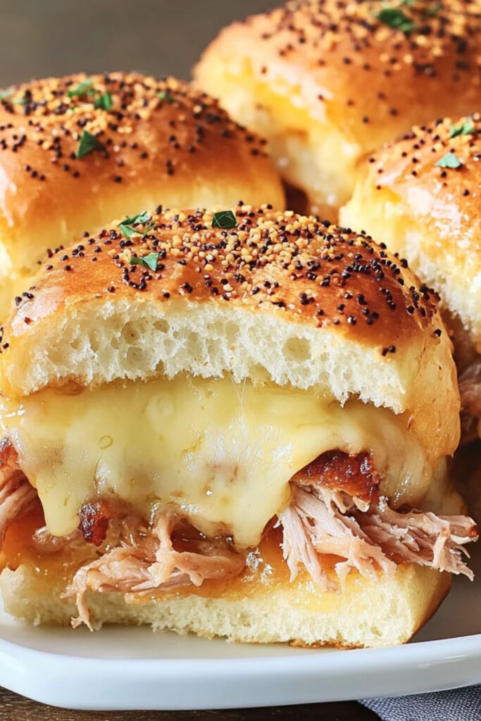 A tray of Hawaiian roll sliders filled with melted cheese and ham, perfect for a quick and easy Super Bowl snack idea.