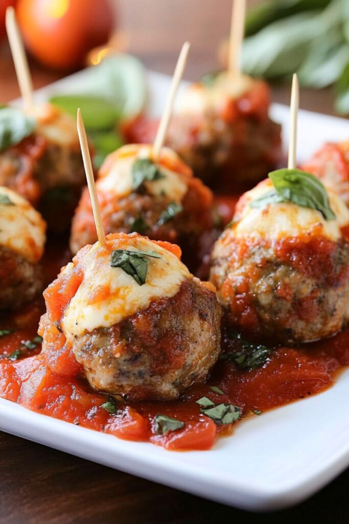 Juicy mozzarella-stuffed meatballs cut open to reveal gooey cheese, perfect for Super Bowl party meatballs.