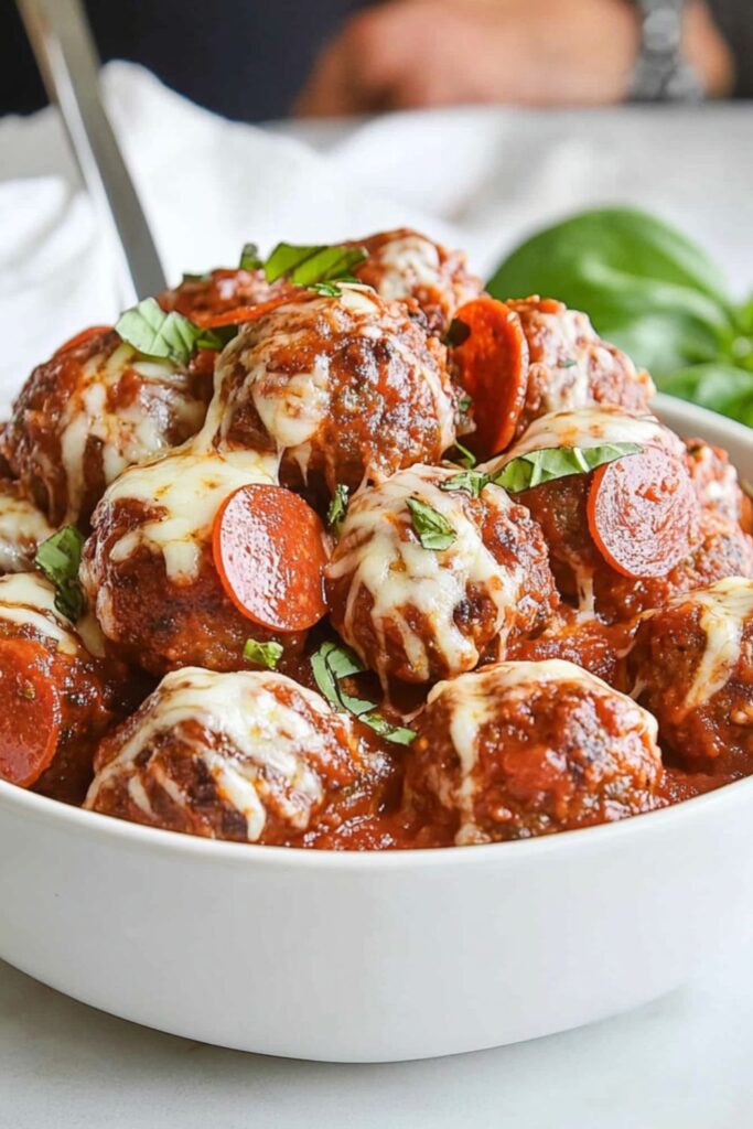 A bowl of pepperoni pizza meatballs topped with Parmesan cheese, ideal for Super Bowl appetizers.