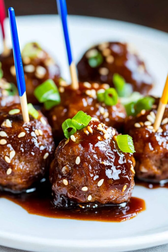 A bowl of spicy Asian pork meatballs garnished with sesame seeds and green onions, great for game day meatballs recipes.