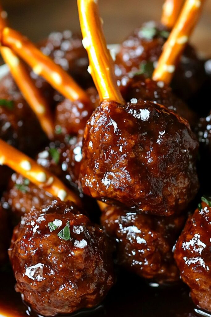 Glazed sweet heat molasses meatballs on a plate, offering a sweet and spicy option for Super Bowl appetizers.