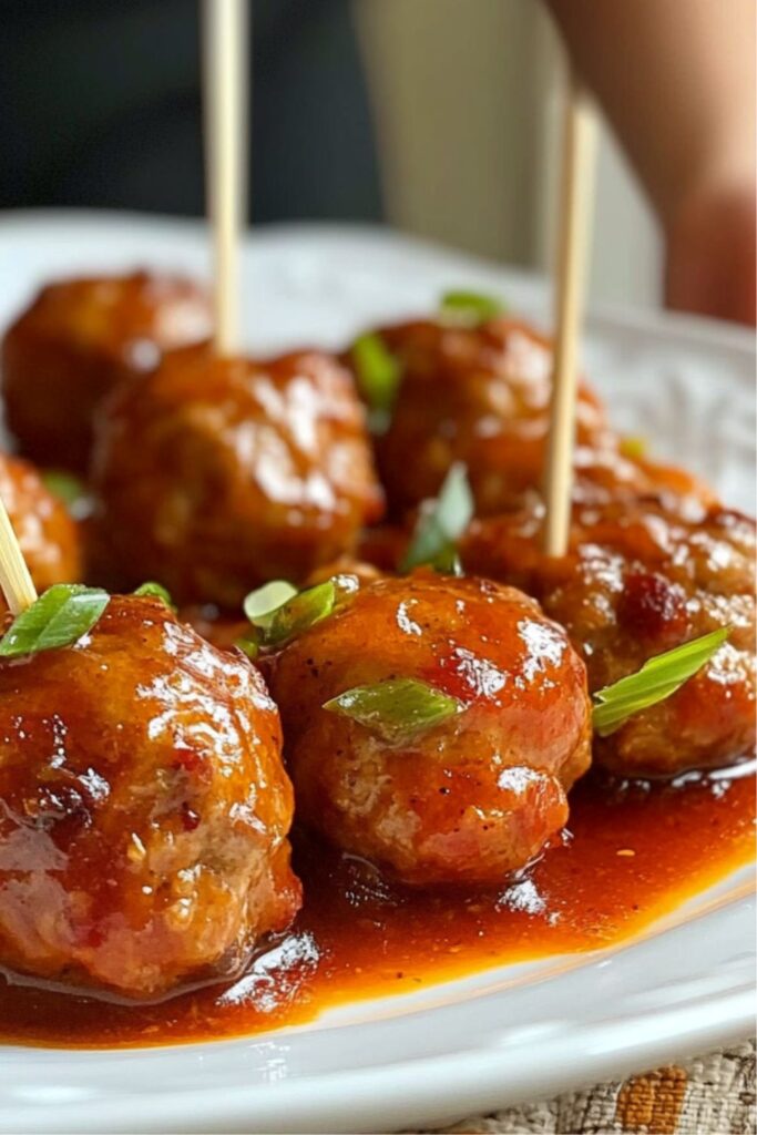 Sweet and spicy meatballs on a white platter with toothpicks, a quick and easy Super Bowl snack idea.