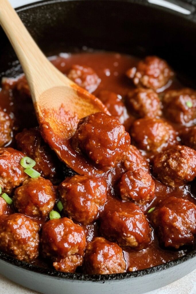 A cast-iron skillet with tender meatballs in a thick, savory sauce, perfect for Super Bowl Sunday appetizers.