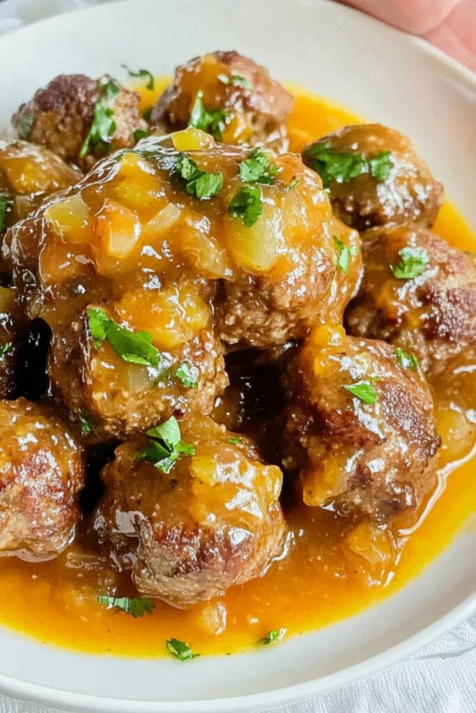 A plate of teriyaki pineapple meatballs garnished with fresh pineapple chunks and green onions, perfect for Super Bowl food meatballs.