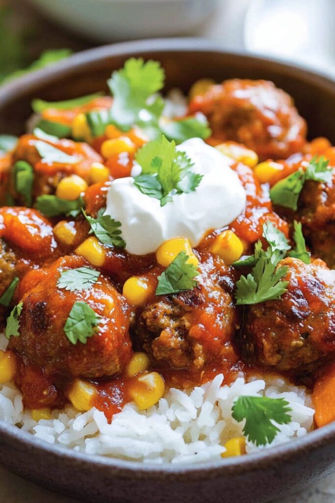 Tex-Mex meatballs in a spicy red chile sauce served over rice with corn and cilantro garnish.