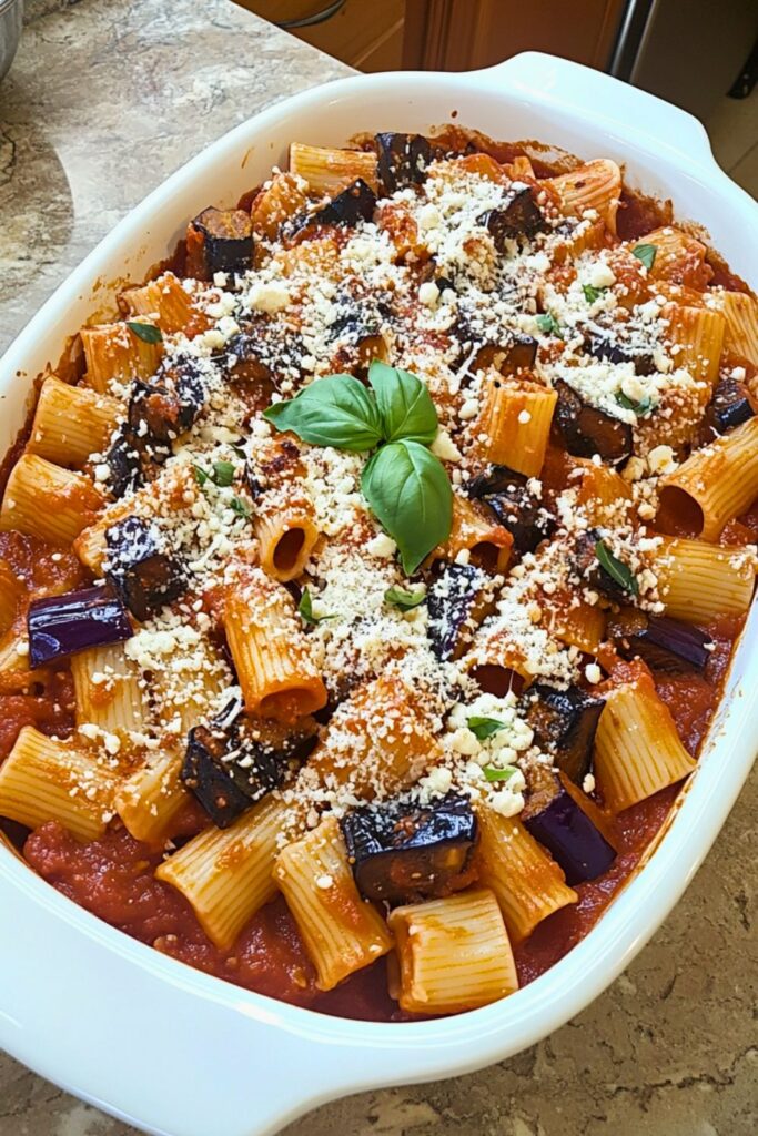 A large white oval dish brimming with pasta alla Norma, showcasing rigatoni in vibrant tomato sauce, caramelized eggplant pieces, a topping of grated ricotta salata, and fresh basil leaves, set on a rustic wooden kitchen table.