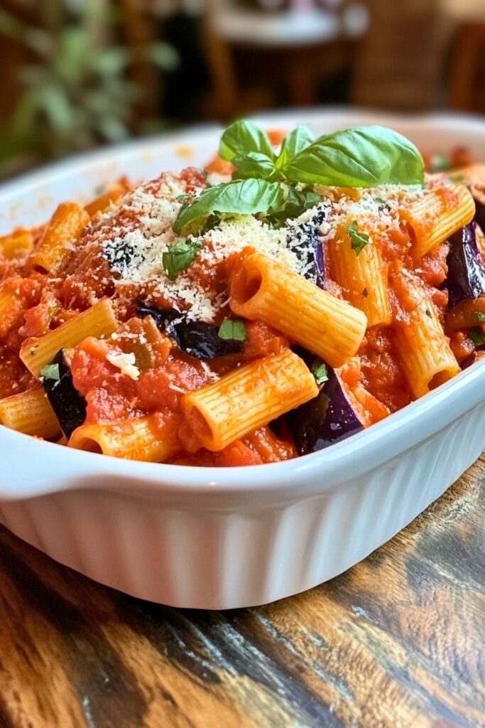 A white oval baking dish filled with pasta alla Norma, featuring rigatoni coated in tomato sauce, tender chunks of eggplant, grated ricotta salata, and fresh basil leaves, resting on a rustic kitchen table.