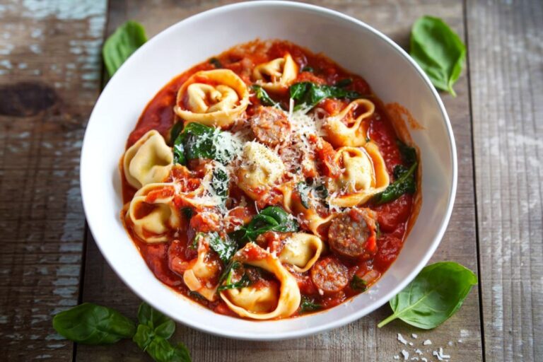 30-Minute Tuscan Tortellini with Sausage and Spinach: Quick Italian Sausage Recipe with Tortellini and Greens