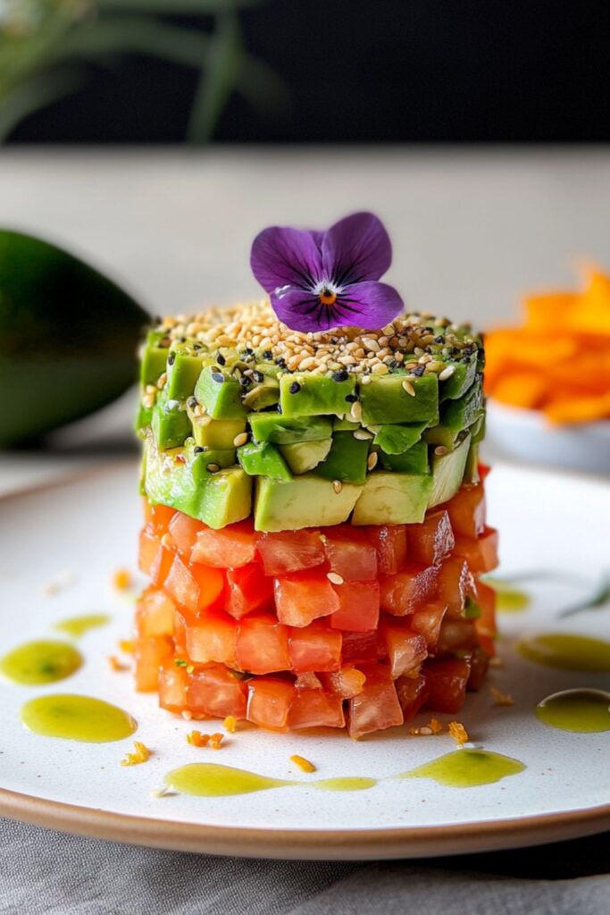 A vibrant plate of avocado and tomato tartare served with a drizzle of balsamic glaze, perfect for a light Valentines dinner appetizer.