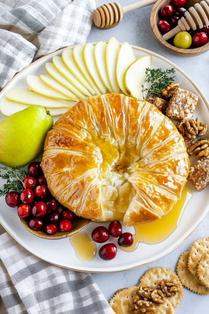 Golden puff pastry wrapped around melted brie, oozing with honey and nuts, a delightful choice for Valentines dinner appetizers.