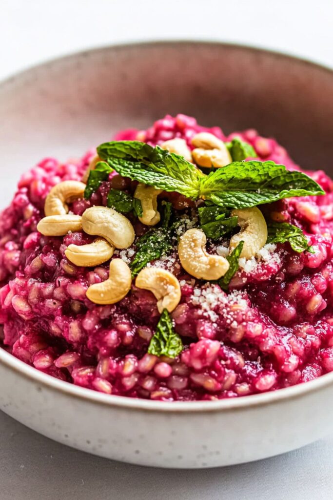 Beet barley risotto topped with creamy cashew sauce, perfect for a romantic classic Valentines dinner or Valentine dinner party.Beet barley risotto topped with creamy cashew sauce, perfect for a romantic classic Valentines dinner or Valentine dinner party.