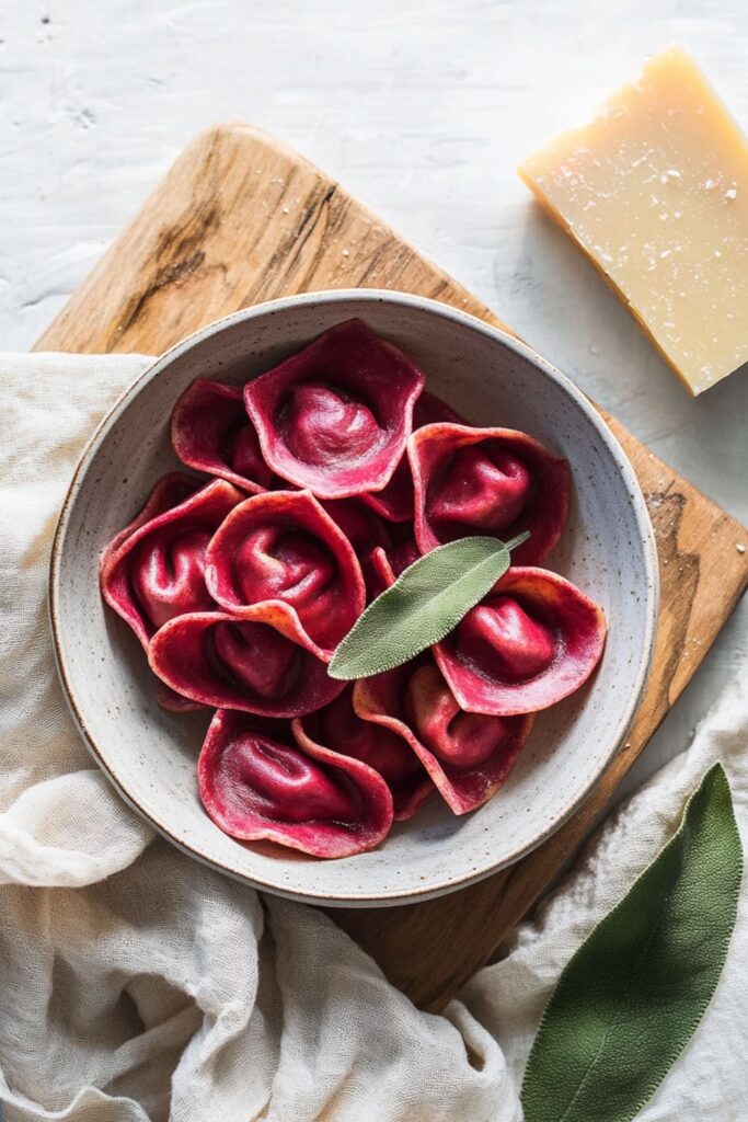 Beet pasta mushroom tortellini, perfect for a romantic classic Valentines dinner.