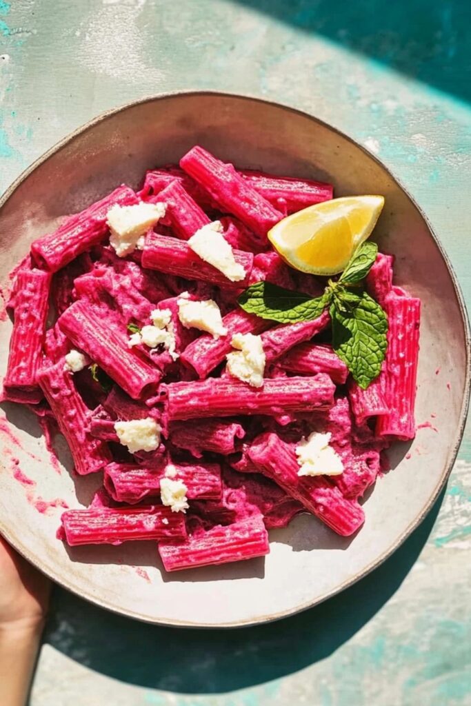 Creamy beetroot pasta with a pink sauce, ideal for Valentine's day recipes and romantic meals at home.