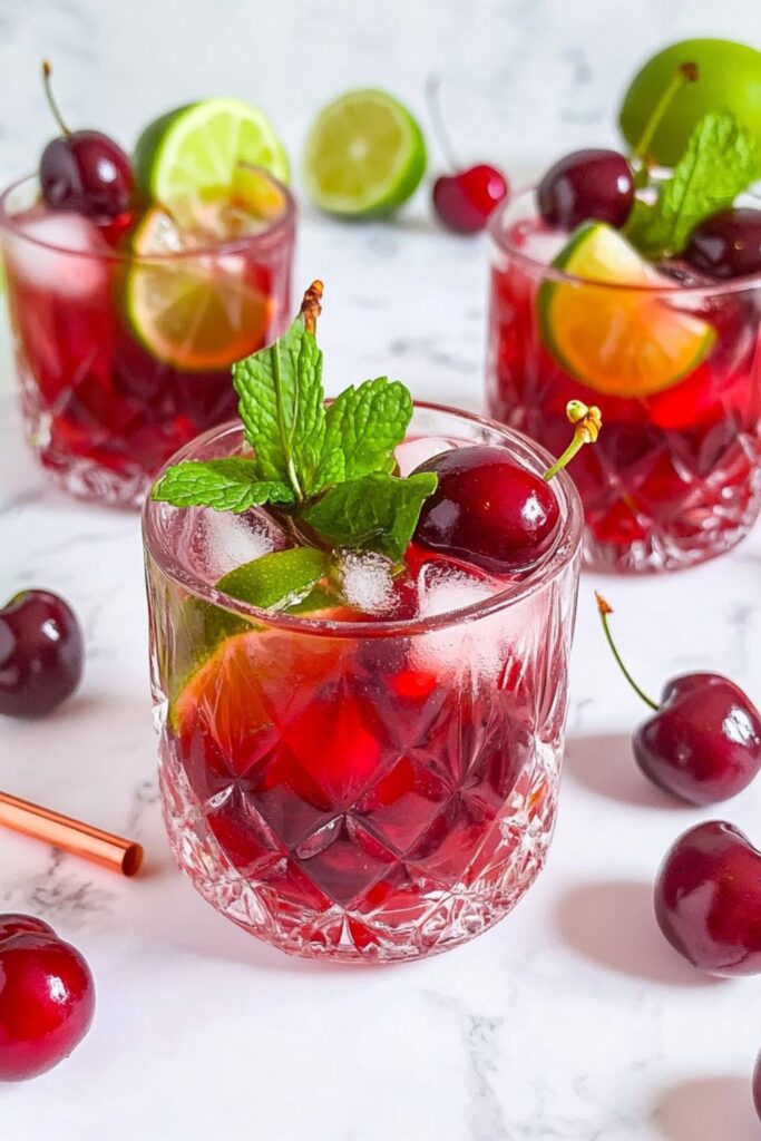 A vibrant cherry mojito mocktail in a tall glass with fresh mint and cherries, perfect for mocktails for Valentine’s Day.