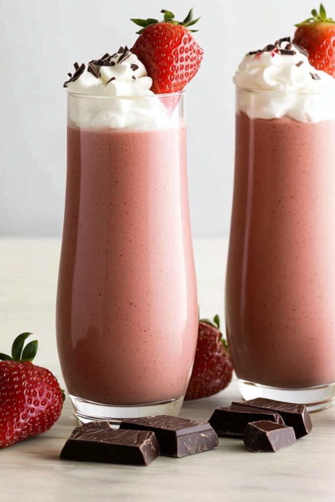 A rich chocolate strawberry smoothie topped with whipped cream, ideal for indulgent Valentine’s mocktails for kids.