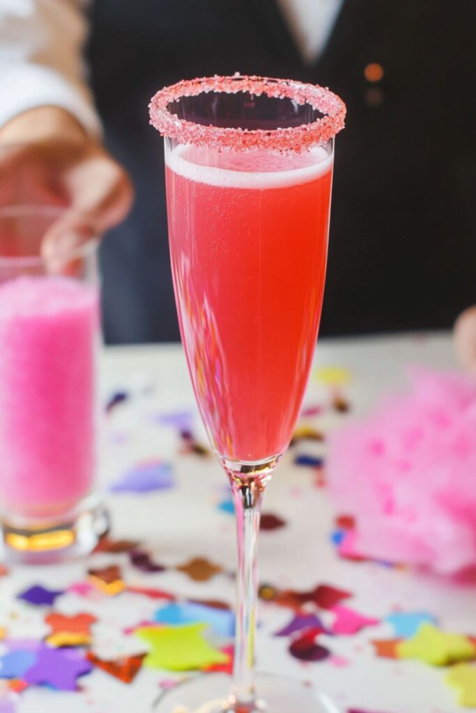 A whimsical cotton candy mocktail with pastel pink hues and a fluffy candy topping, perfect for Valentine’s mocktails for kids.